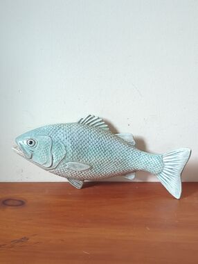 Vintage Ceramic Fish Wall Plaque Hand Painted In Light Blues